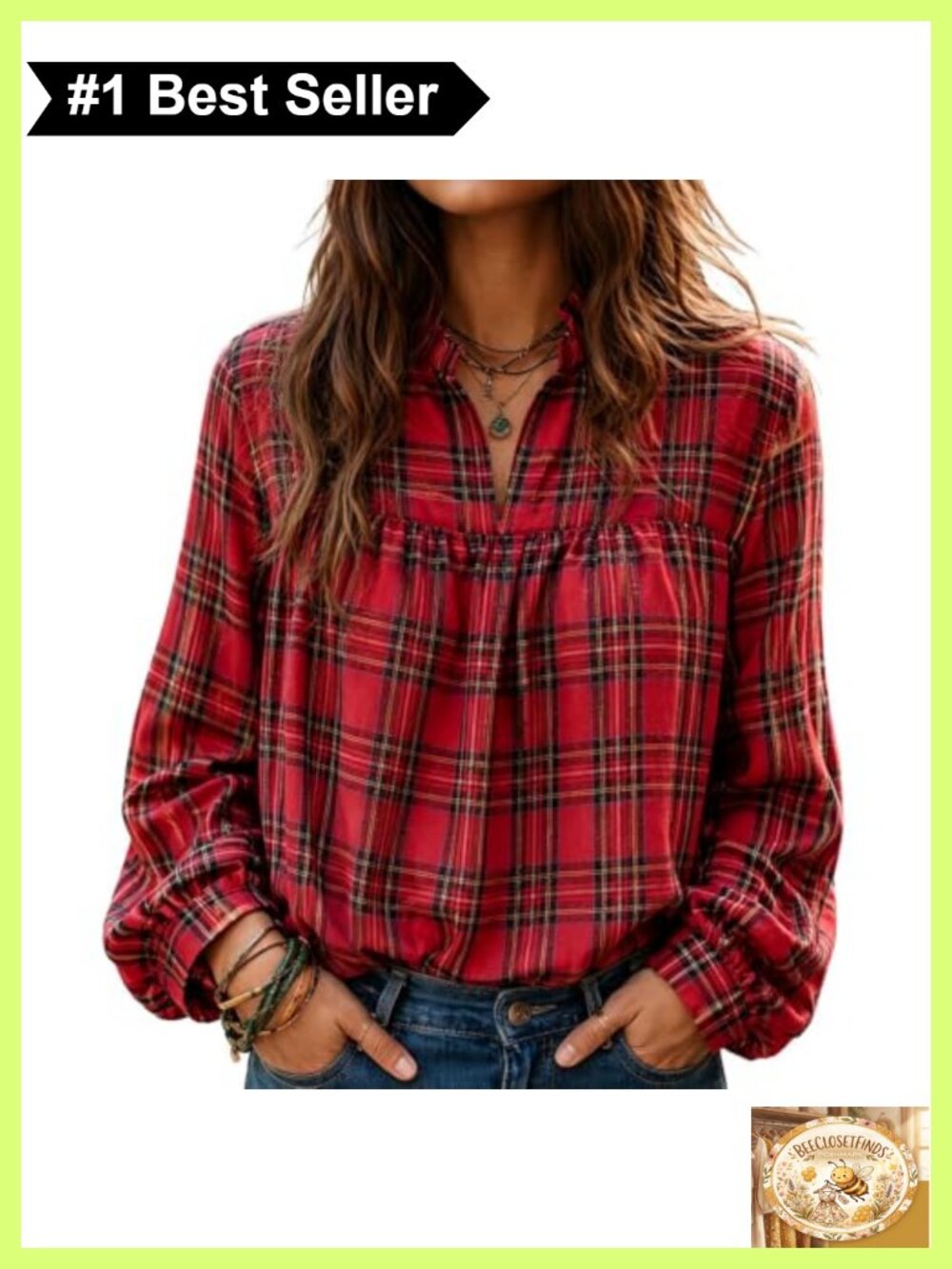 Women Tartan Plaid Ruffle Collar V Neck Three Quarter Sleeve Blouse
